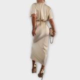 Sable - Egyszínű Szatén V-nyakú Keresztkötésű Slim Fit Maxi Ruha