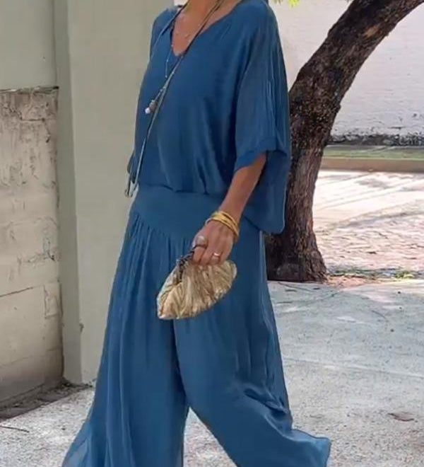 ESMERALDA – KÉTRÉSZES SZETT ELEGÁNS CHIFFON SZÉLES SZÁRÚ NADRÁGGAL