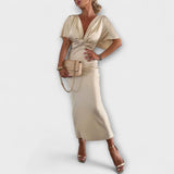 Sable - Egyszínű Szatén V-nyakú Keresztkötésű Slim Fit Maxi Ruha