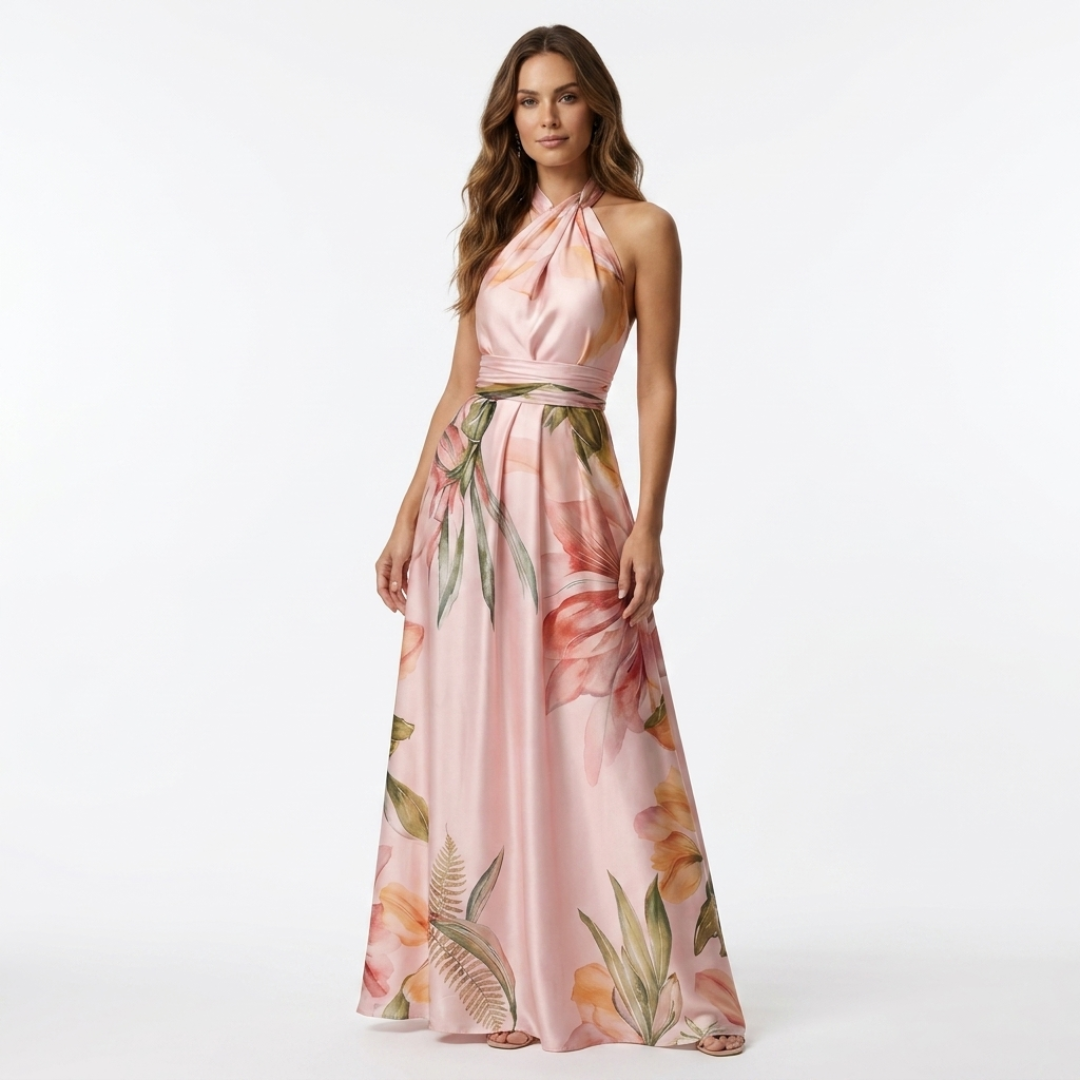 Anca - Long dress with floral neckline and straps