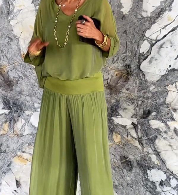 ESMERALDA – KÉTRÉSZES SZETT ELEGÁNS CHIFFON SZÉLES SZÁRÚ NADRÁGGAL