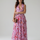 Nori | Halterneck Rüschen Crop Top Virágmintás Maxi Ruha