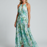 Portia | Faltendes Halter-Soft-Blumenmuster-Midikleid