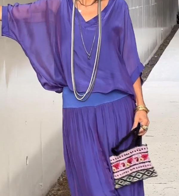 ESMERALDA – KÉTRÉSZES SZETT ELEGÁNS CHIFFON SZÉLES SZÁRÚ NADRÁGGAL