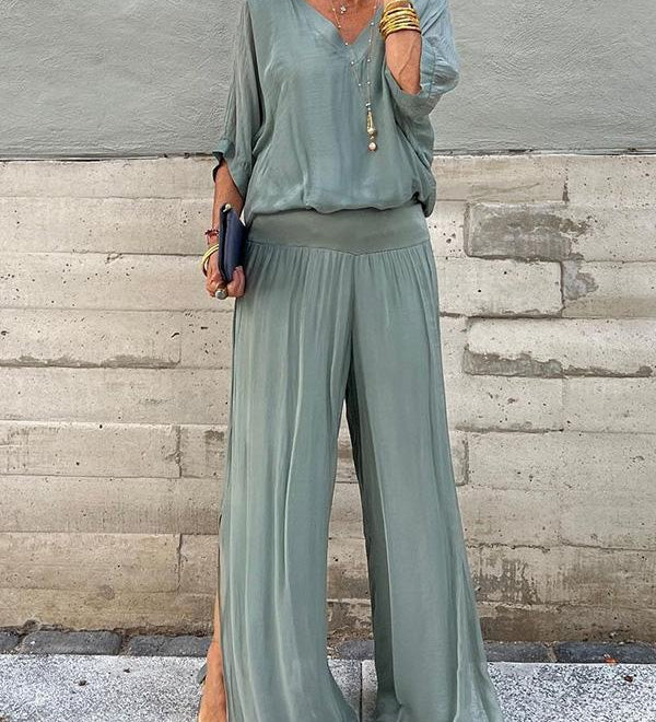 ESMERALDA – KÉTRÉSZES SZETT ELEGÁNS CHIFFON SZÉLES SZÁRÚ NADRÁGGAL