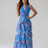 Nori | Halterneck Rüschen Crop Top Virágmintás Maxi Ruha