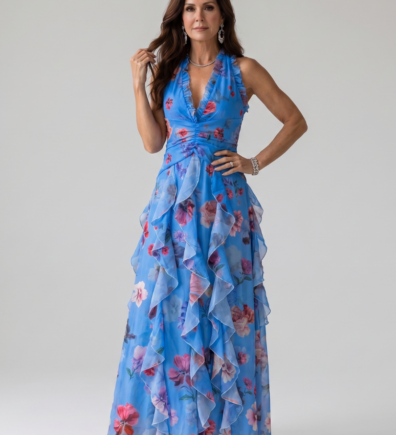 Nori | Halterneck Rüschen Crop Top Virágmintás Maxi Ruha