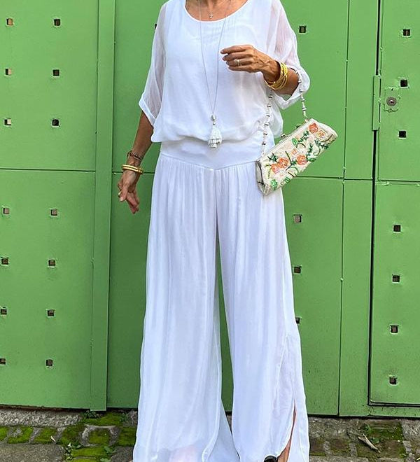 ESMERALDA – KÉTRÉSZES SZETT ELEGÁNS CHIFFON SZÉLES SZÁRÚ NADRÁGGAL