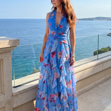 Nori | Halterneck Rüschen Crop Top Virágmintás Maxi Ruha
