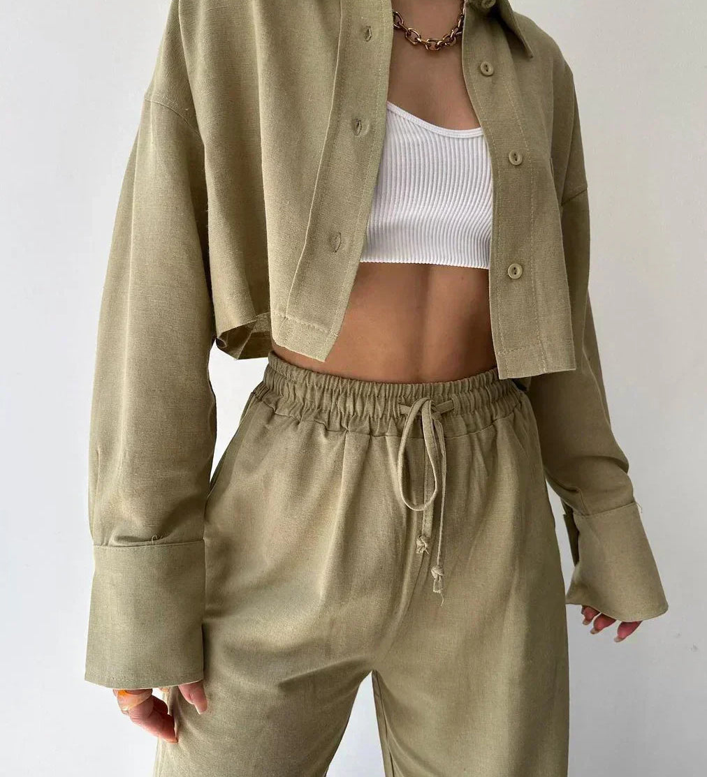 Set de pantaloni casual, din două piese, cu guler și șnur