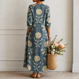 Margrit™ | Elegáns bohó midi ruha virágmintával indigókékben
