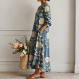 Margrit™ | Elegáns bohó midi ruha virágmintával indigókékben