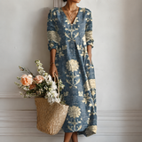 Margrit™ | Elegáns bohó midi ruha virágmintával indigókékben