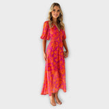Katty – Midi-Kleid mit V-Ausschnitt, Blumenmuster und Puffärmeln