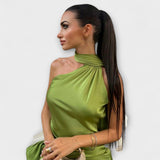 Elegáns, váll nélküli, nyakba akasztós maxiruha