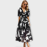 Abstract puff-sleeved maxi dress