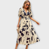 Abstract puff-sleeved maxi dress