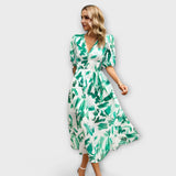 Abstract puff-sleeved maxi dress