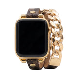 Harmania - Apple Watch-kompatibilis, kétsoros barna karkötő mintával, arany színű kubai lánc, állítható záródás