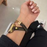 Harmania - Apple Watch-kompatibilis, kétsoros barna karkötő mintával, arany színű kubai lánc, állítható záródás