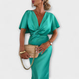 Sable - Egyszínű Szatén V-nyakú Keresztkötésű Slim Fit Maxi Ruha