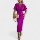 Sable - Egyszínű Szatén V-nyakú Keresztkötésű Slim Fit Maxi Ruha