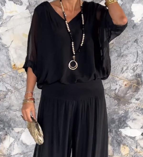 ESMERALDA – KÉTRÉSZES SZETT ELEGÁNS CHIFFON SZÉLES SZÁRÚ NADRÁGGAL