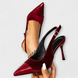Kathleen – csúcsos orrú, bársony, patchwork, slingback tűsarkú cipő