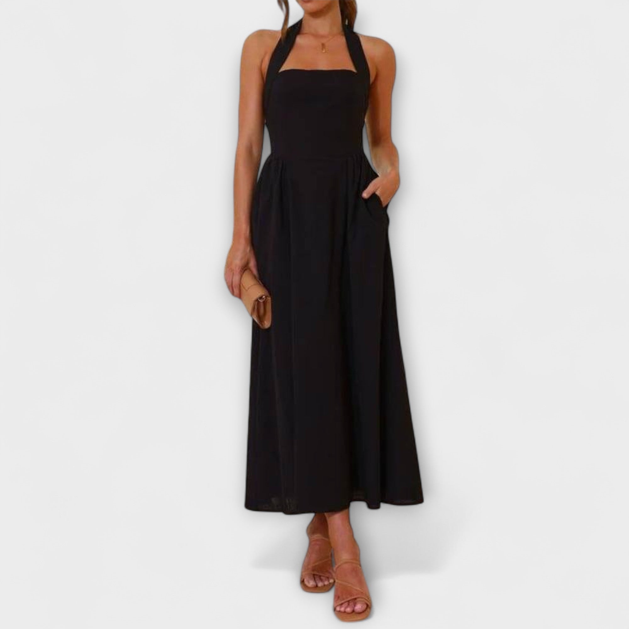 Lydia - Mid-Length Schwarzes Halterkleid mit Taillendetail