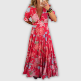 Minelda | Elegantes Blumen V-Ausschnitt Kleid