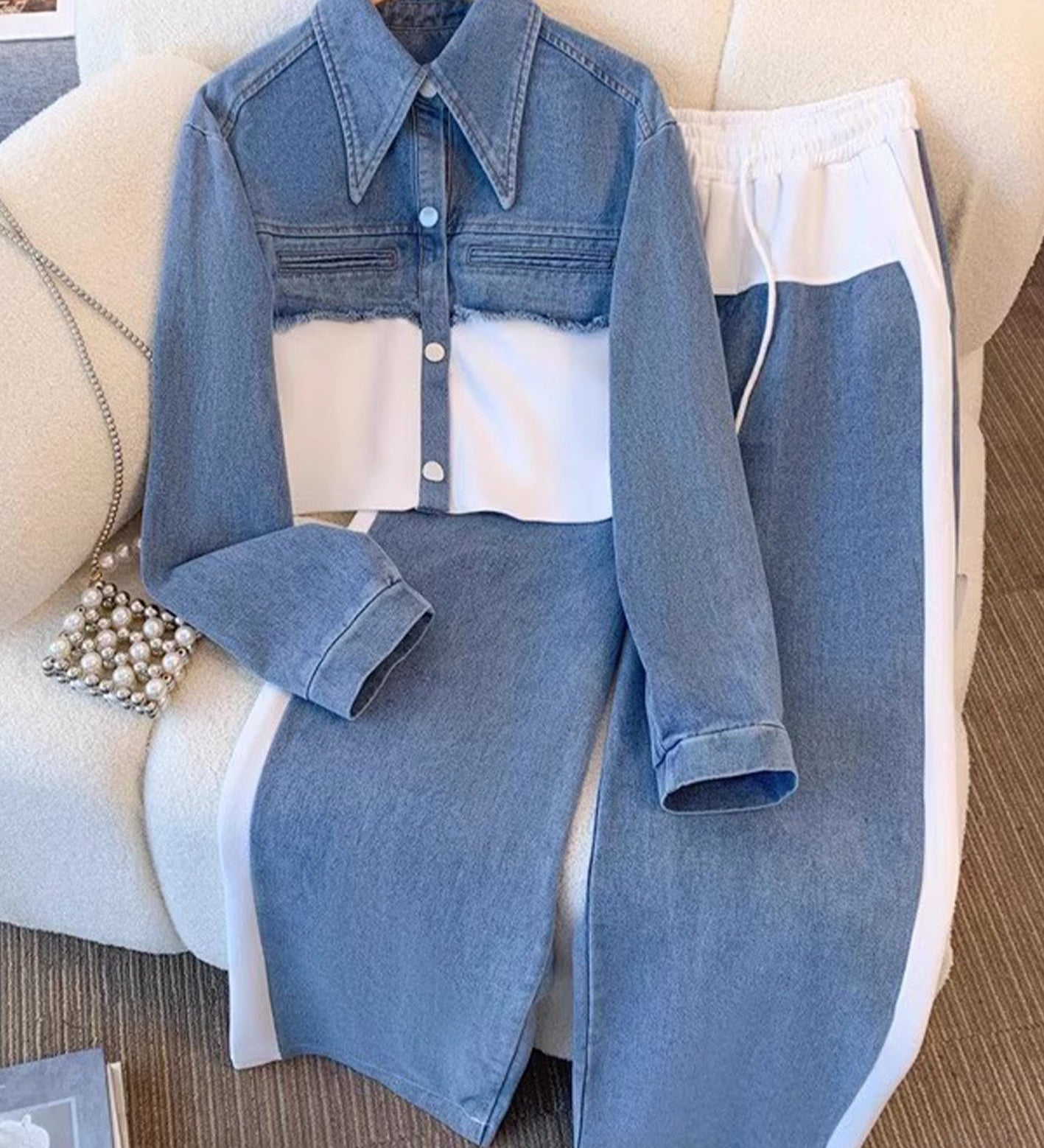 Danielle | Colorblock Cropped Jacket & Wide Leg Trousers Set