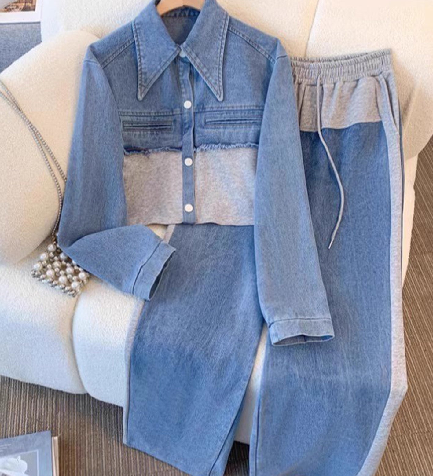 Danielle | Colorblock Cropped Jacket & Wide Leg Trousers Set